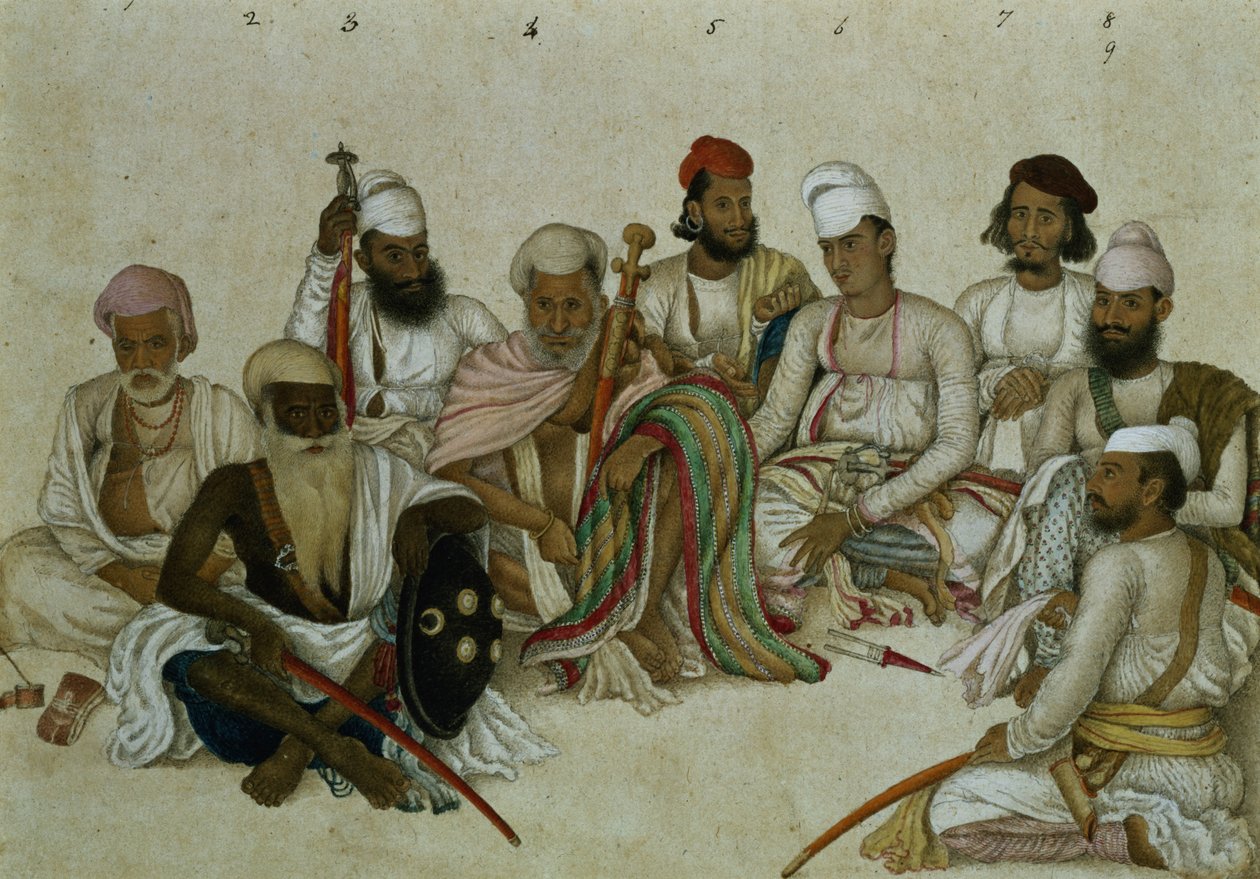 Dziewięciu dworzan i służących Raja Patiala, ok. 1817 (ołówek i gwasz na papierze) autorstwa Indian School