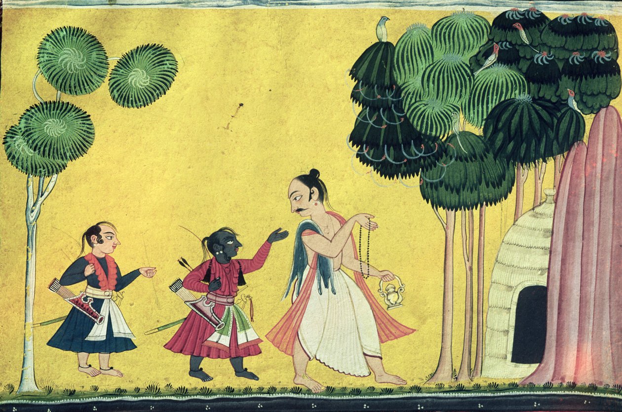 Rama i Lakszmana w towarzystwie Wiśwamitry z Ramajany, ok. 1750 r autorstwa Indian School