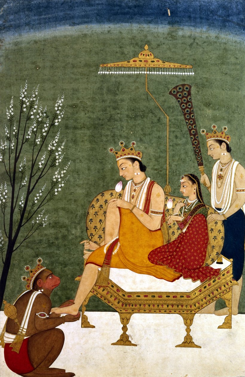 Siódme wcielenie Wisznu jako Rama-Chandra: Rama i Sita zjednoczeni (malowanie na papierze) autorstwa Indian School