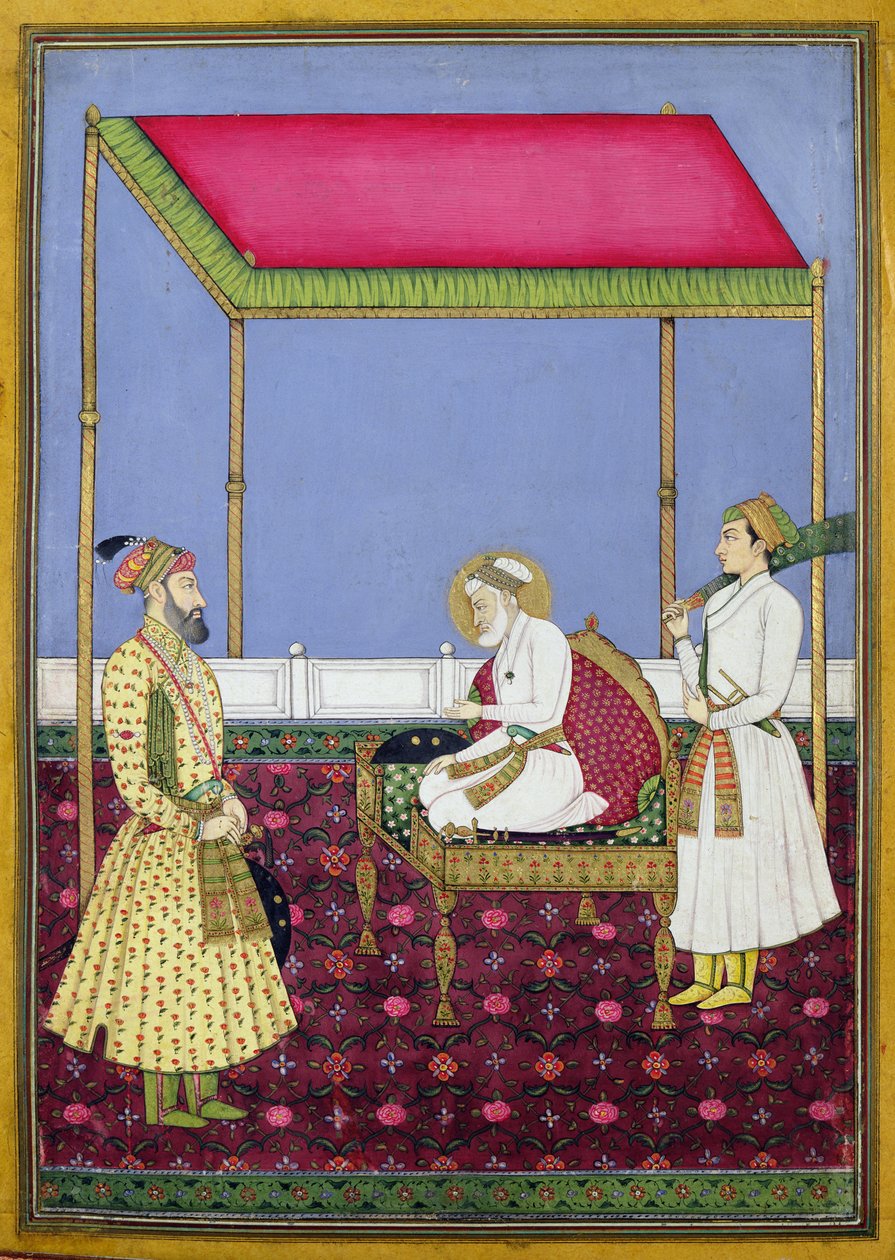 Cesarz Aurangzeb w podeszłym wieku siedzący na tronie, miniatura z albumu Muraqqa, początek XVIII w. (gwasz i złoty płatek na papierze) autorstwa Indian School
