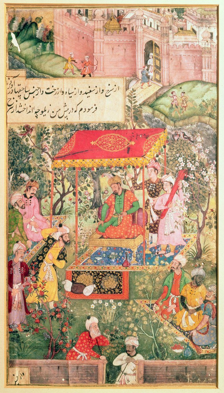 Cesarz-Mogoł Babur przyjmuje posłów Uzbega i Rauputa w ogrodzie w Agrze 18 grudnia 1528 r., cesarz zasiada na tronie pod baldachimem; w tle fortyfikacje Agry, autorstwa Indian School