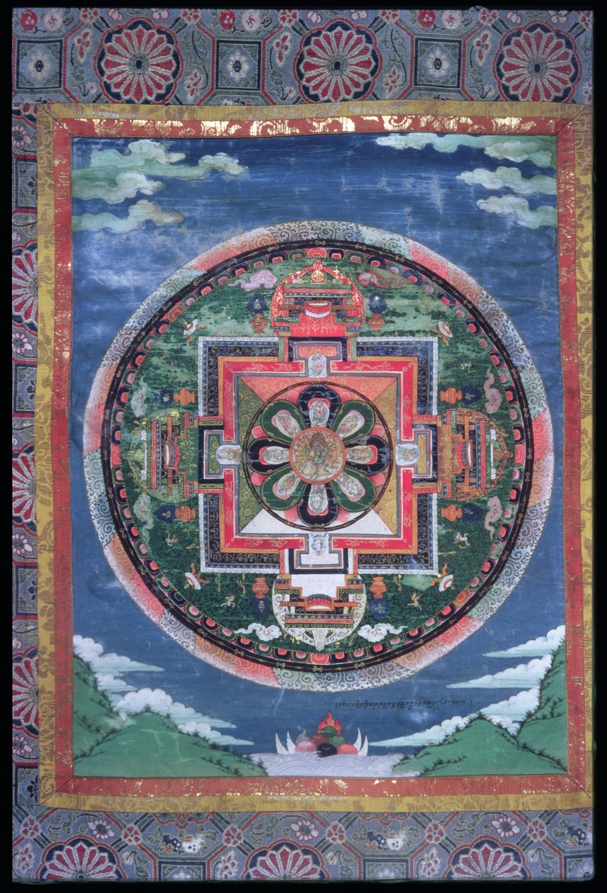 Mystic Circle of Phyag-Rdor (Varjrapani) i osiem wężowych bóstw z czterema drzwiami, Mandala Vajrapani, C.1849 (Malowane jedwab i tkaniny) autorstwa Indian School