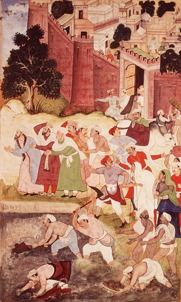 Oczyszczenie Kukur Talaoa w pobliżu Nagor, z Akbarnama, Mogołów, 1590-95 (nieprzezroczysta toaleta i złoto na papierze) autorstwa Indian School