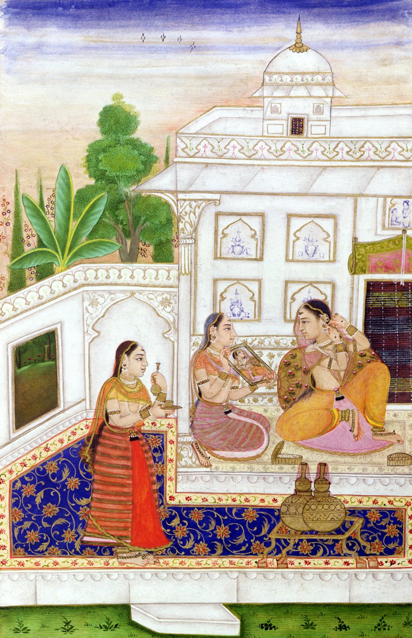 Vilaval Ragini: Kobieta w toalecie, z Ragamali, z Bikaner, Radżastan autorstwa Indian School