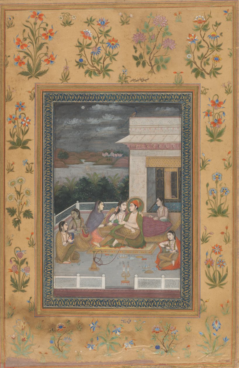 Para na tarasie w otoczeniu obsługi i muzyków autorstwa Indian 18th Century