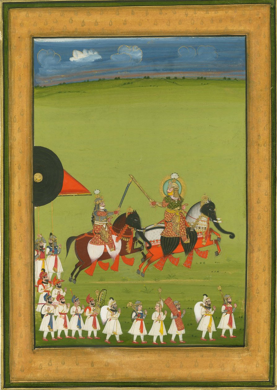 Radża i syn na koniach w przebraniu słonia i towarzysze, 1810 autorstwa Indian Art