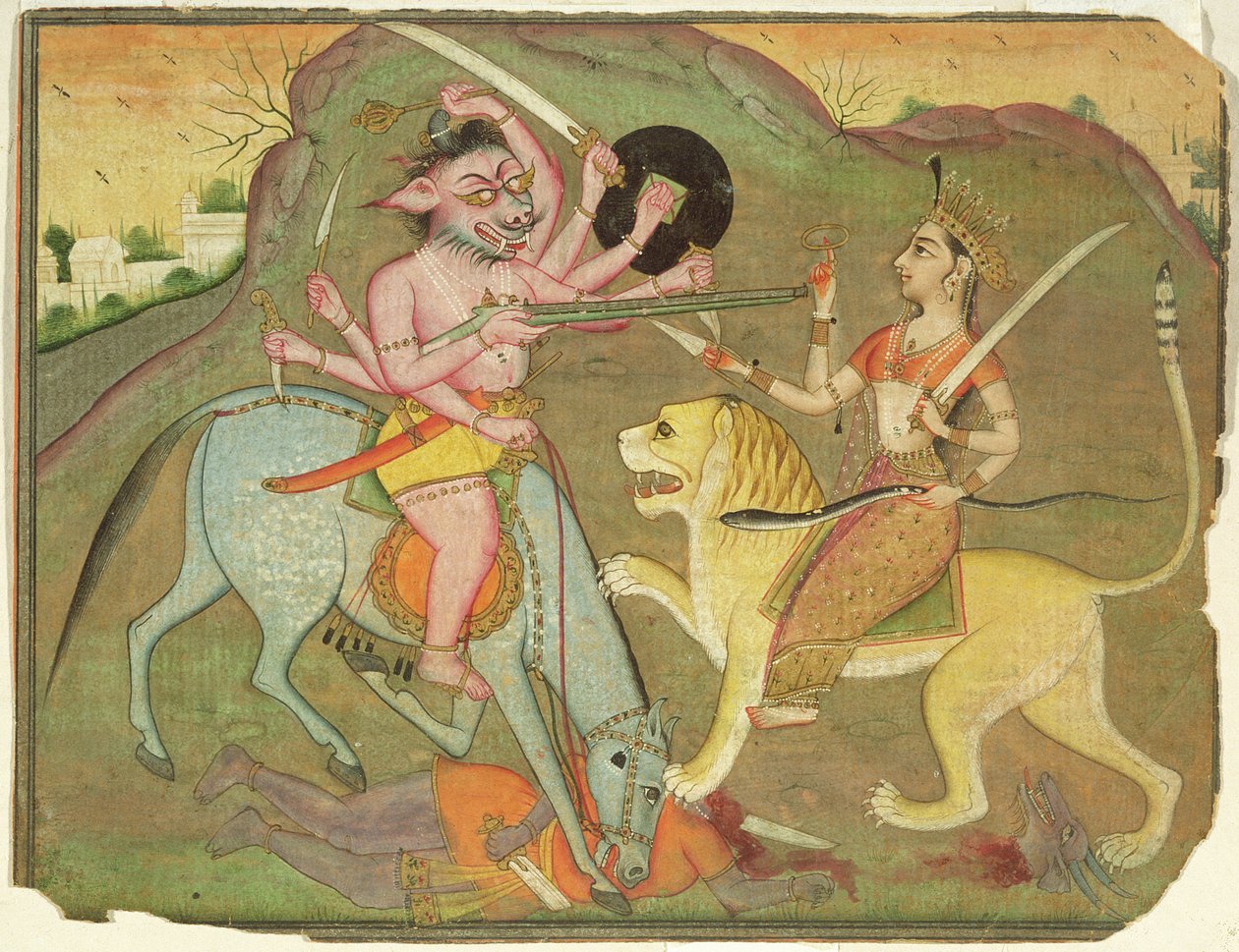 47.110/174 Durga w walce z Mahishasurą, z folio „Devi Mahatmya”, Devanagari, Tekst o rzekach, Bikaner, Radżastan, szkoła Radźput autorstwa Indian School