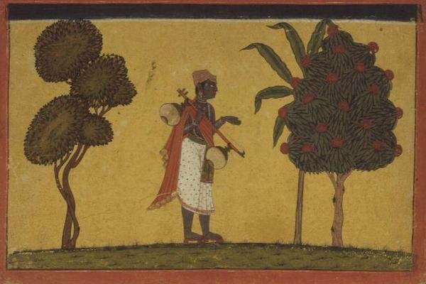 47.19/134 Madhavanala z winoroślą w lesie z serii „Madhavanala Kamakandala”, Bilaspur, Pahari School autorstwa Indian School