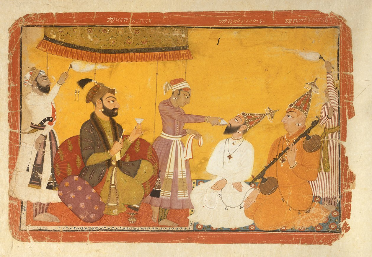 ]7.110359 Gosain Narayan zażywa truciznę w obecności cesarza Jahangira, Nurpur, Szkoła Pahari, 1725 autorstwa Indian School