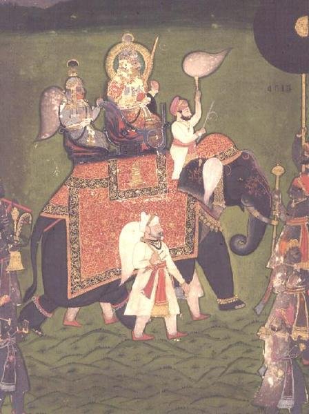 AS10 Album 43 nr 4515 Rana Jawan Singh (1828-38) z Mewar jeździ na słoniu w kaparisonie, ok. 1835 (nieprzezroczysta akwarela) autorstwa Indian School