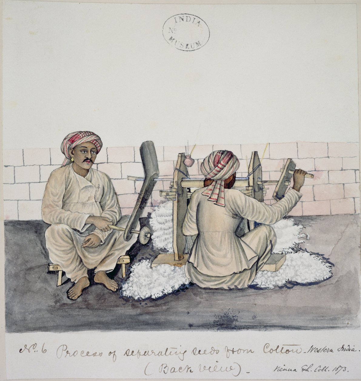 AS10 Vol.52 ff.3 4896.cat.201 i-iv Dwóch mężczyzn ginning cotton, Bombaj, ok.1873 (akwarela na papierze) autorstwa Indian School