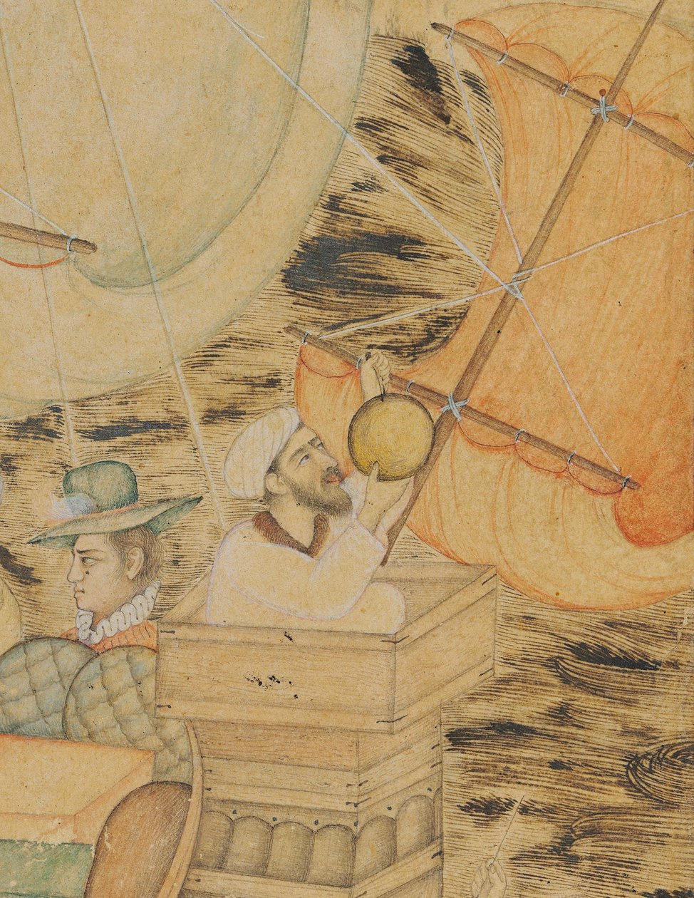 Karawela zaatakowana przez potwora morskiego, Mogołów Indie, ok. 1590 (nieprzezroczyste pigmenty wzmocnione złotem i srebrem na papierze) autorstwa Indian School