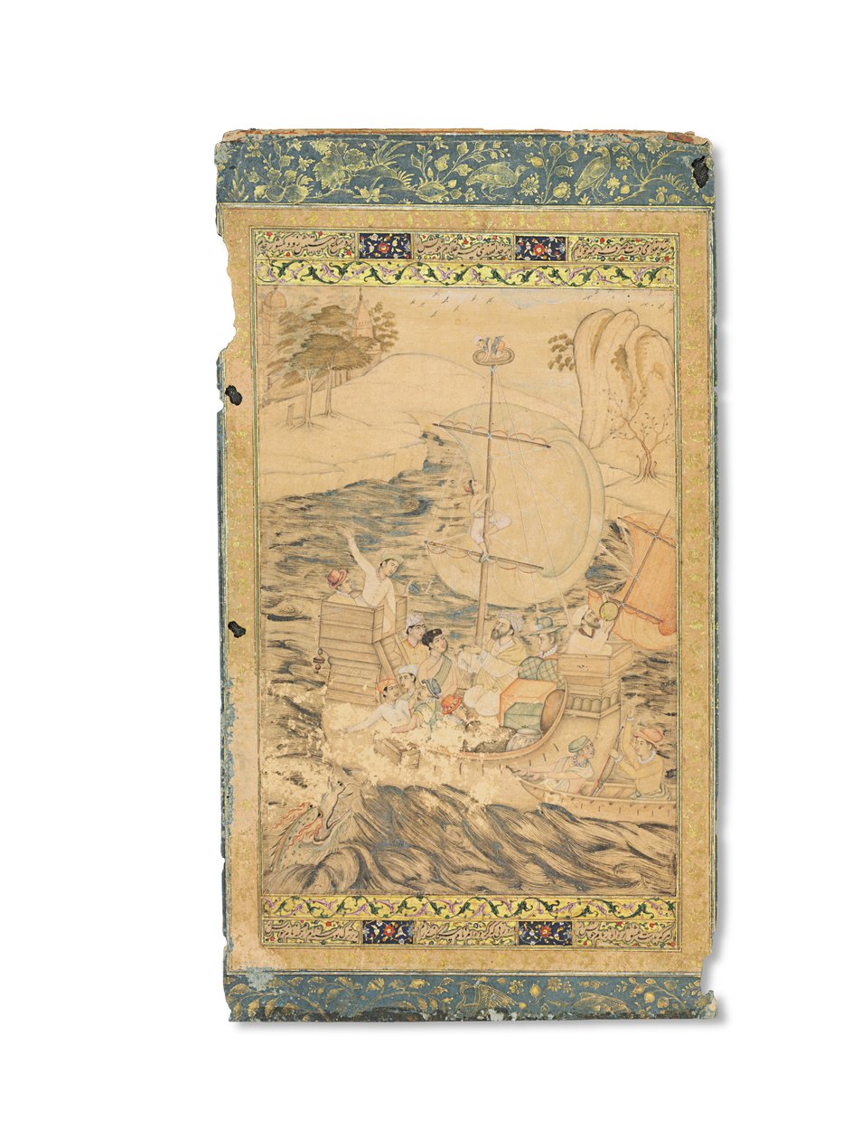 Karawela zaatakowana przez potwora morskiego, Mogołów Indie, ok. 1590 (nieprzezroczyste pigmenty wzmocnione złotem i srebrem na papierze) autorstwa Indian School