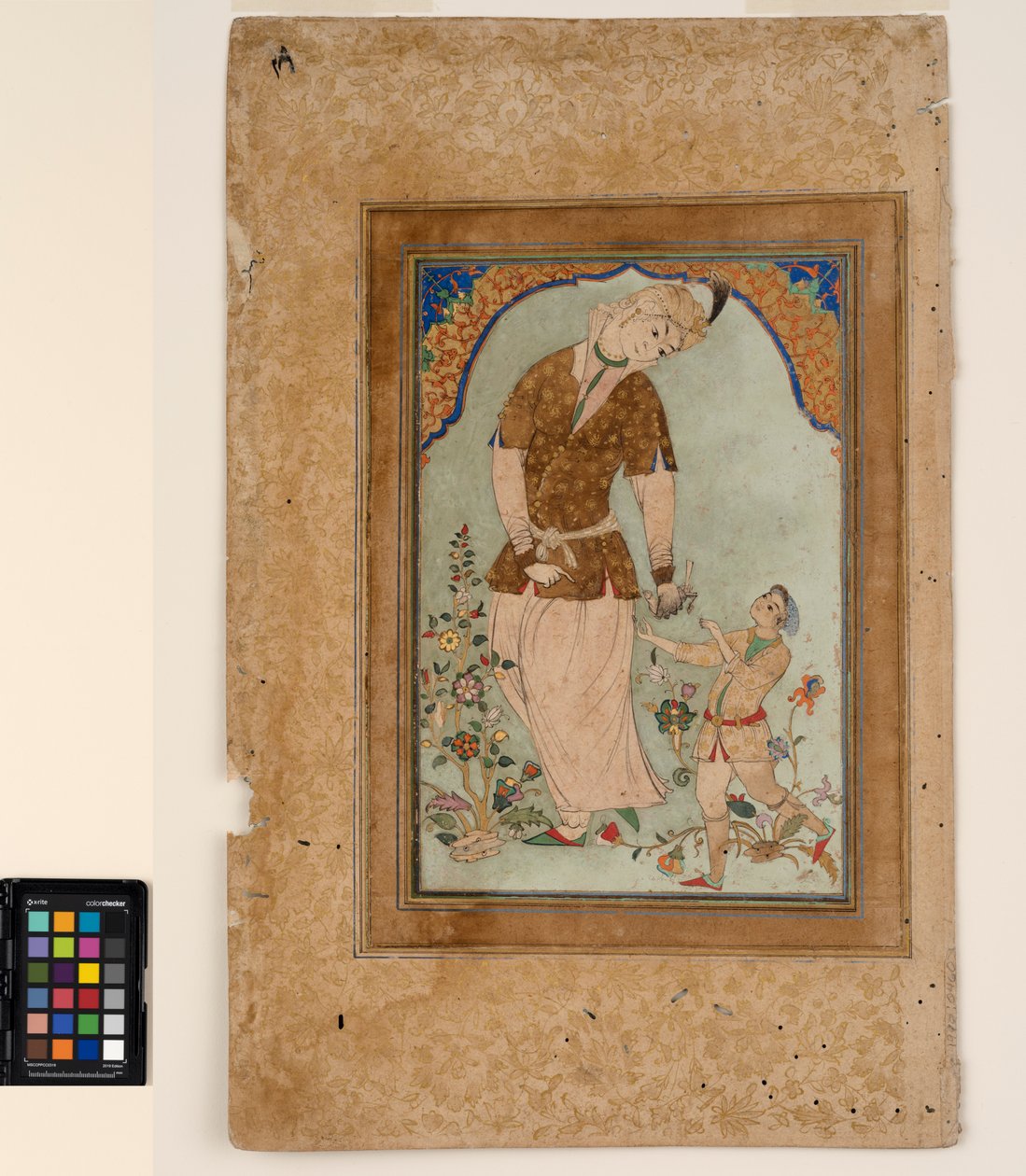 Sokolnik przyjmuje swoją ofiarę z kartki, ok. 1580 (nieprzezroczysta akwarela i złoto na papierze, zamontowane na stronie albumu) autorstwa Indian School