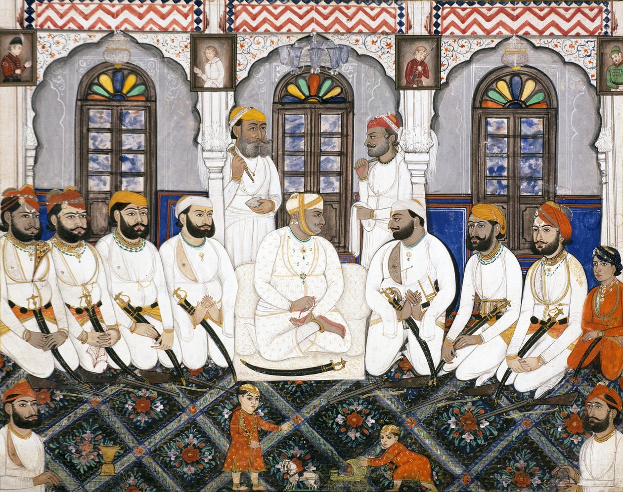 Radża z Jaipur ubrany do kultu w Durbar, ok. 1845 (nieprzezroczysta toaleta i złoto na papierze) autorstwa Indian School