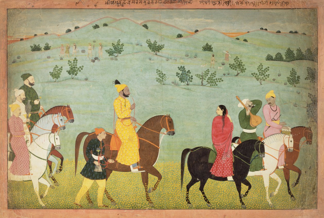 Książę Jasrota, prawdopodobnie Balwant Singh, na wyprawie konnej, Nainsukh (fl. 1740-50) Kaszmir, ok. 1751 autorstwa Indian School