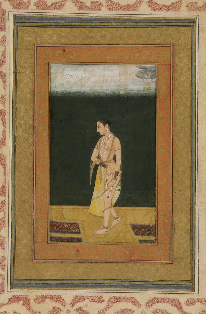 Dama przechadza się po ogrodzie, Folio albumu z obrazem, ok. 1730 autorstwa Indian School
