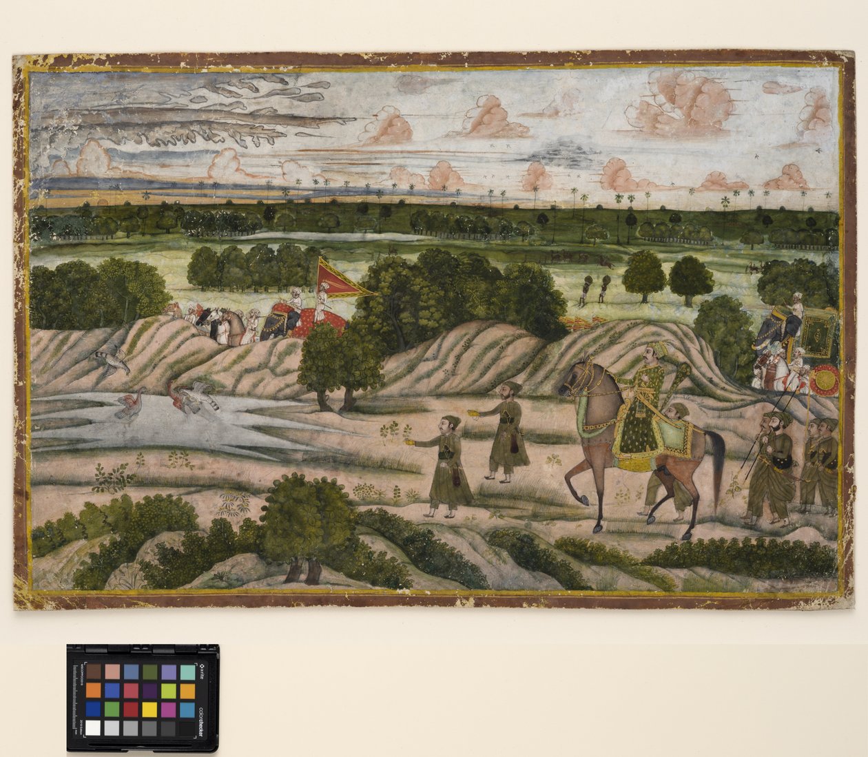 Nawab i jego pomocnicy na wyprawie myśliwskiej, ok. 1780 (nieprzezroczysta akwarela i złoto na papierze) autorstwa Indian School