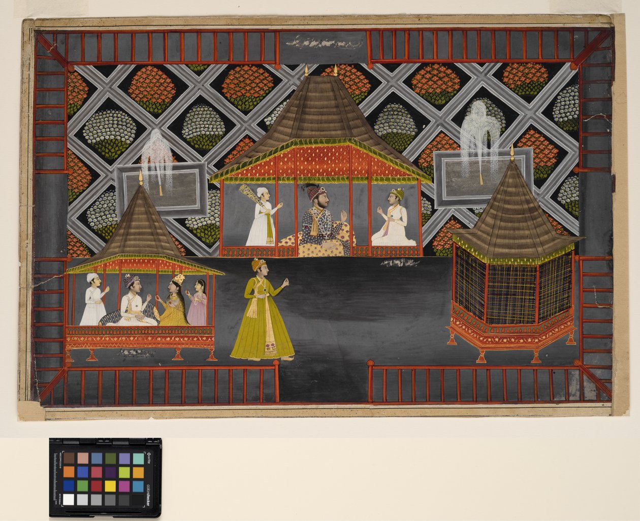 Nawab i jego synowie w pawilonie ogrodowym, ok. 1770 (nieprzezroczyste w/c, srebro i złoto na papierze) autorstwa Indian School