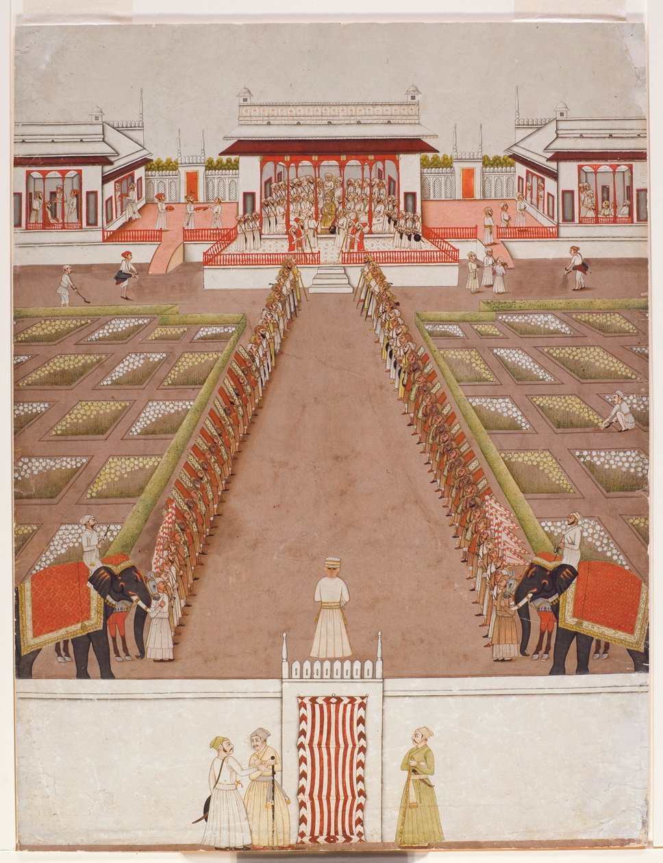 Podwórko dla Nawabów w pawilonie, poza aleją sług i dwóch słoni, ok. 1765 (nieprzezroczyste wc i złoto na papierze) autorstwa Indian School