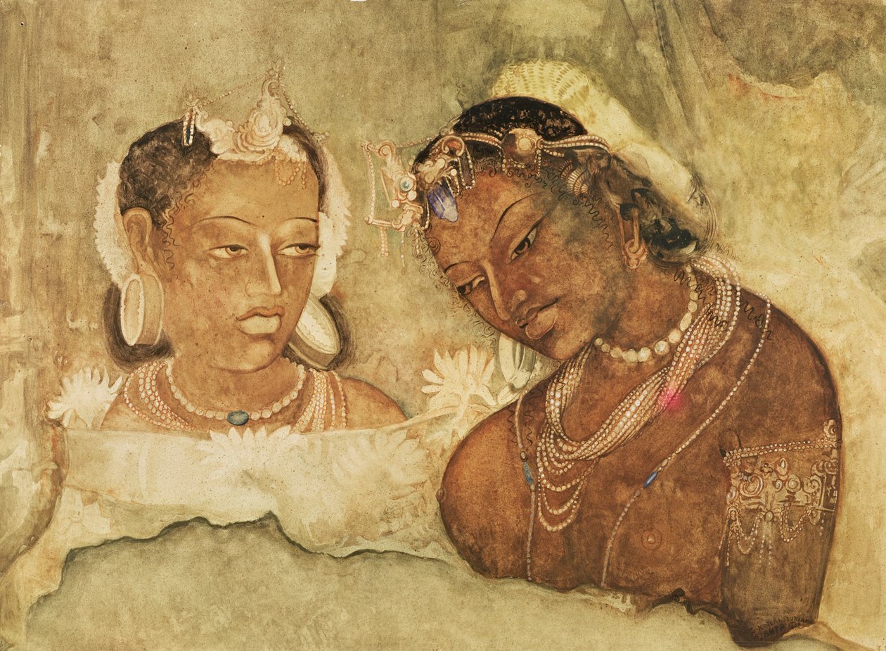 Księżniczka i jej sługa, kopia fresku z jaskiń Ajanta w Indiach autorstwa Indian School