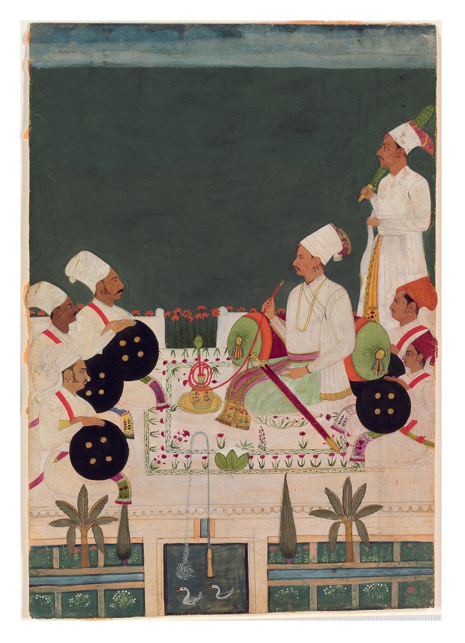 Wódz Rathore ze swoimi krewnymi, ok. 1700 (nieprzezroczysta toaleta i złoto na papierze) autorstwa Indian School