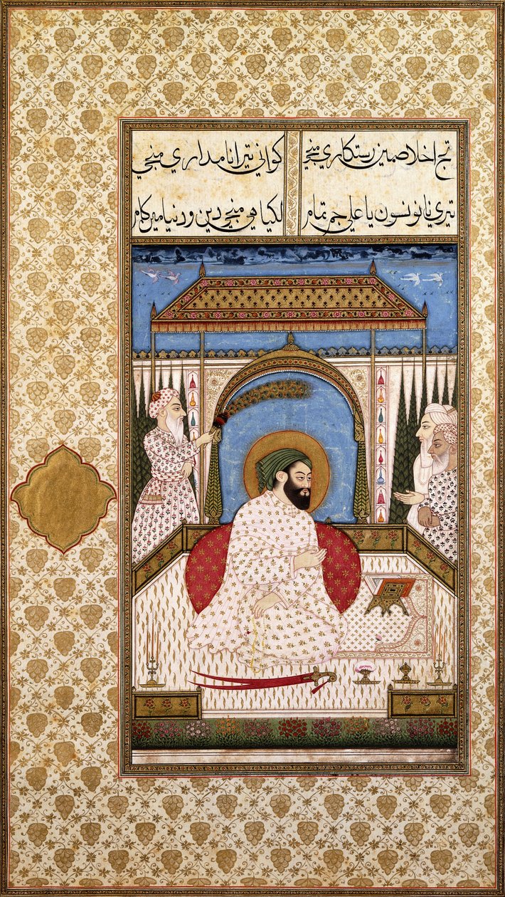 Suficki władca Nimbate czytający Koran na tarasie, ok. 1700 autorstwa Indian School