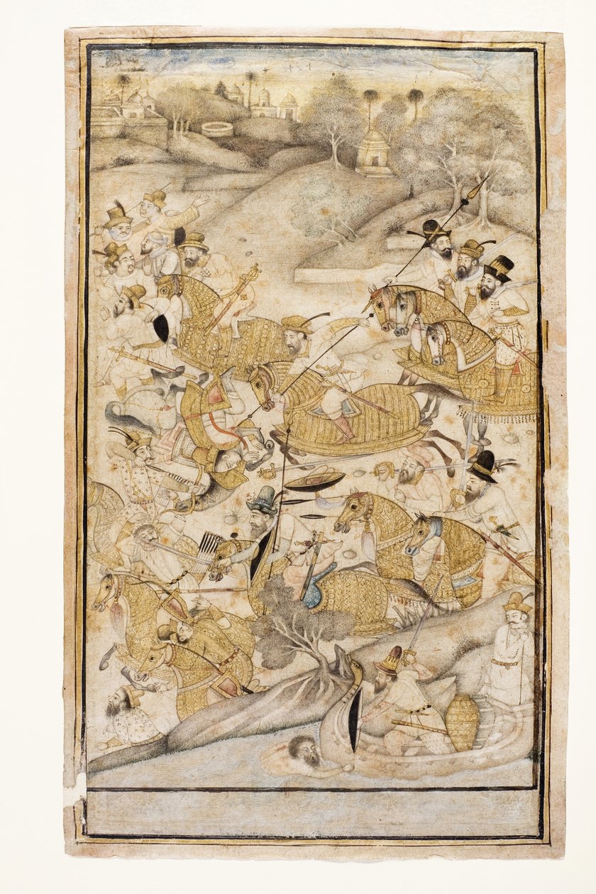 Bitwa stoczona przez Europejczyków, ok. 1700 (nieprzezroczysta toaleta i złoto na papierze) autorstwa Indian School