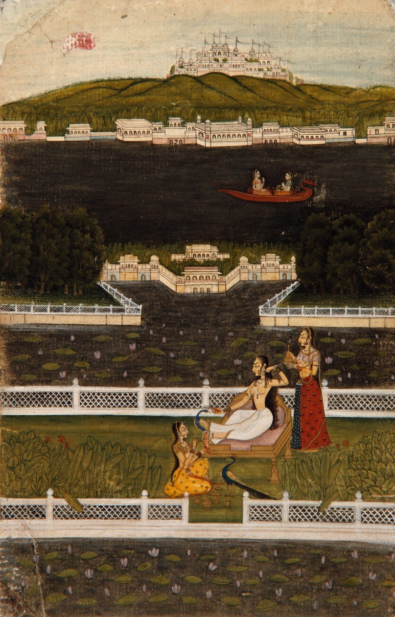 Piękna kobieta na tarasie nad jeziorem, ok. 1770 (nieprzezroczysta toaleta i złoto na papierze) autorstwa Indian School