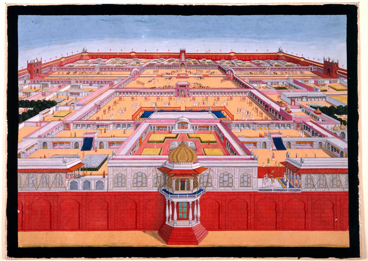 Widok z lotu ptaka na Czerwony Fort w Delhi od wschodu, przedstawiający cesarza, prawdopodobnie Shah Alama (1759-1806), wchodzącego do Diwan-i-Khas po prawej stronie, ok. 1780-90 (nieprzezroczysta akwarela)) autorstwa Indian School