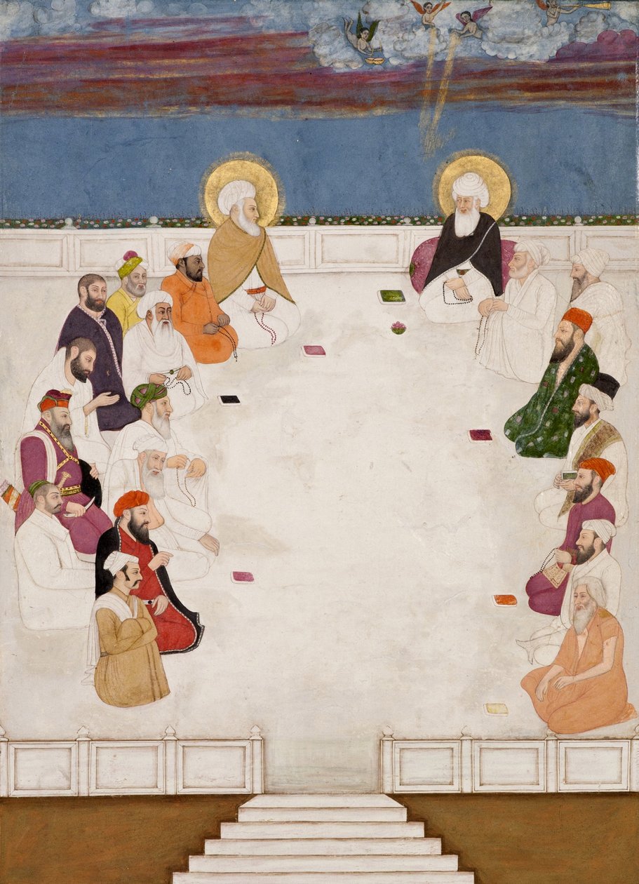 Grupa indyjskich świętych i świętych mężów, w tym mułła Szacha i Aurangzeba, siedzących, ok. 1725 (nieprzezroczysta toaleta i złoto na papierze) autorstwa Indian School