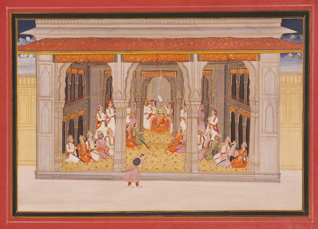 Król w durbarze w pawilonie, 1760 (nieprzezroczyste wc i złoto na papierze) autorstwa Indian School