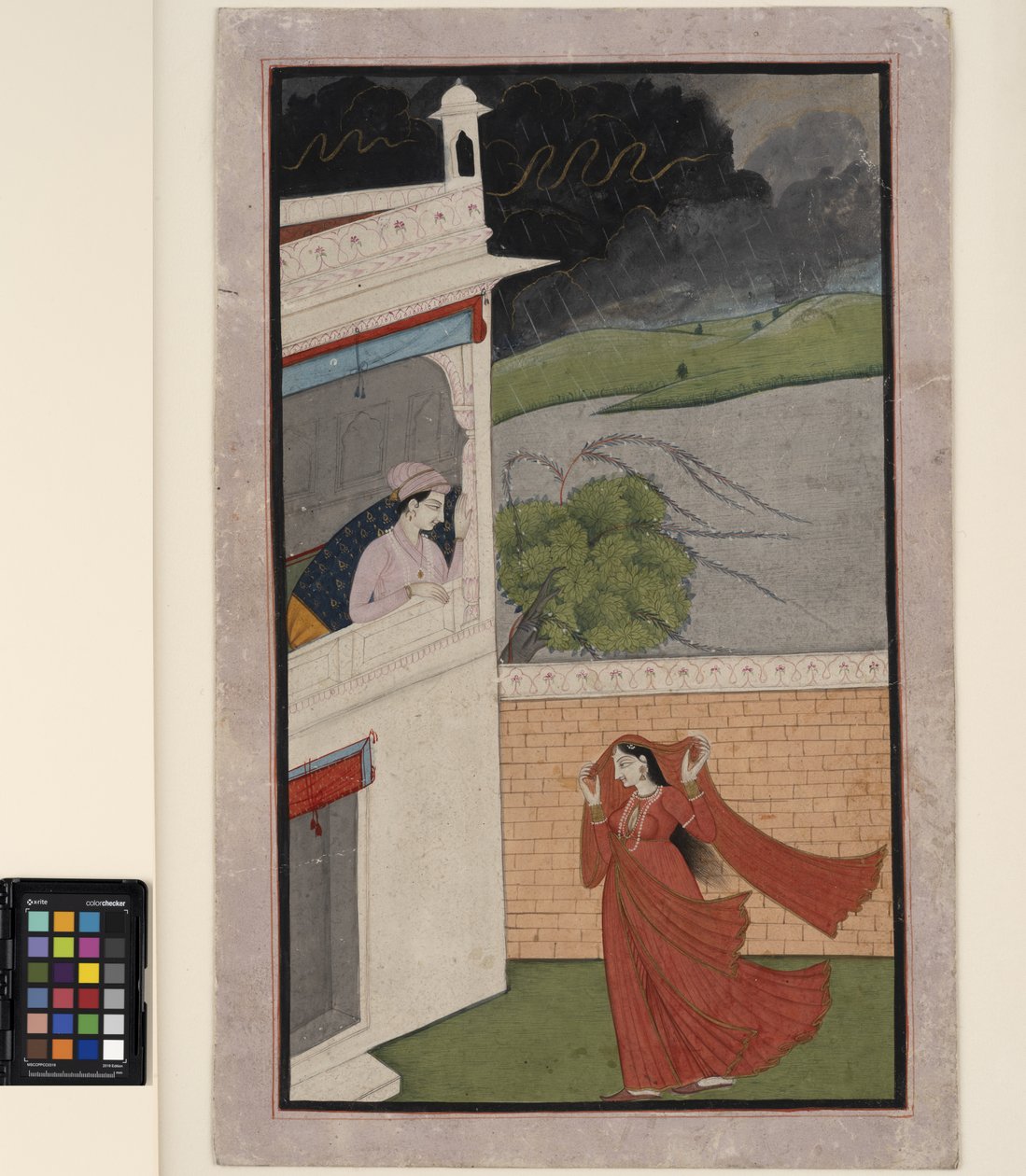 Pani przychodzi do domu kochanka podczas ulewy, ok. 1830 r. (nieprzezroczyste w/c i złoto na papierze) autorstwa Indian School
