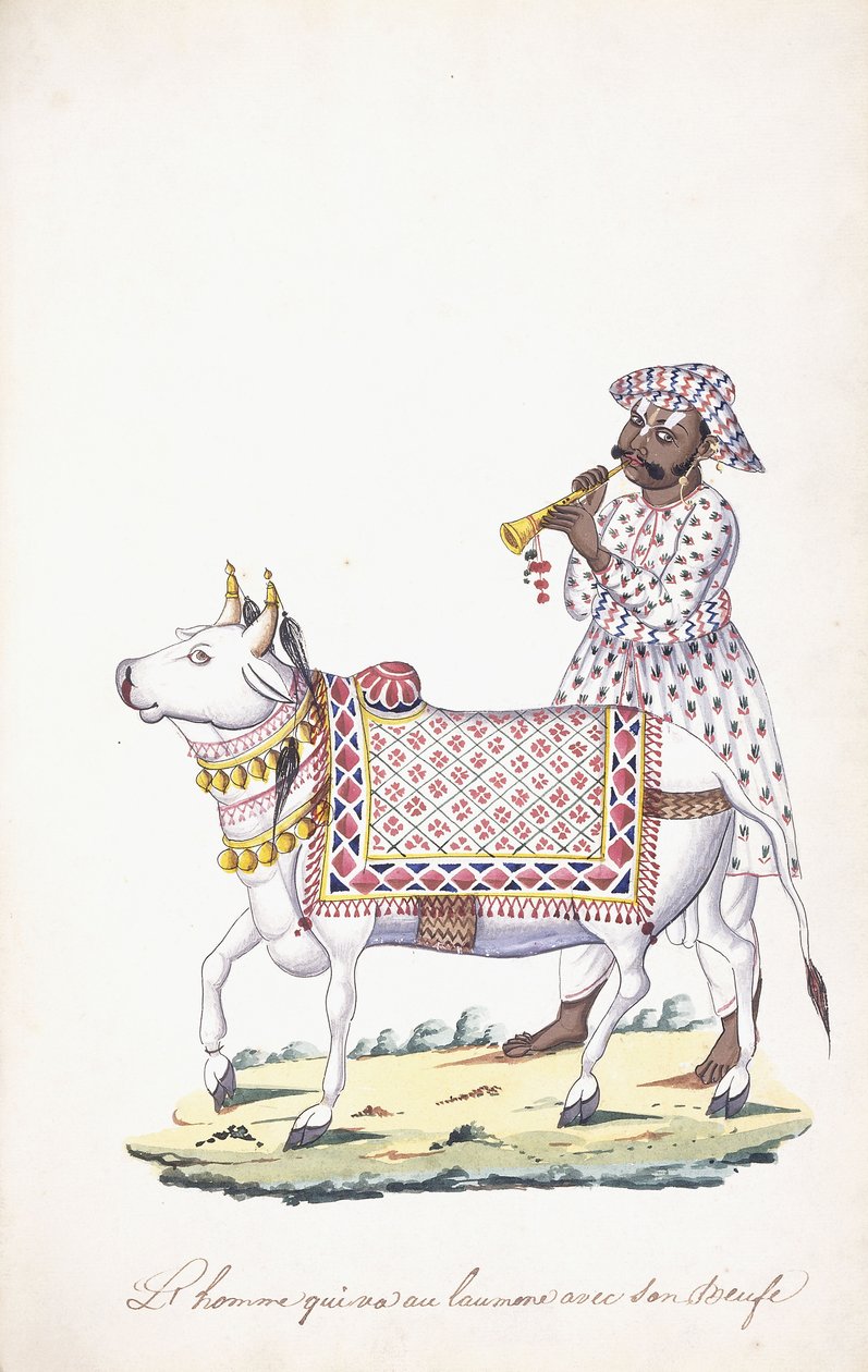 Człowiek ze swoim wołem, ok. 1930 r. 1825 (ołówek, długopis, czarny tusz, w/c, na papierze Whatman) autorstwa Indian School