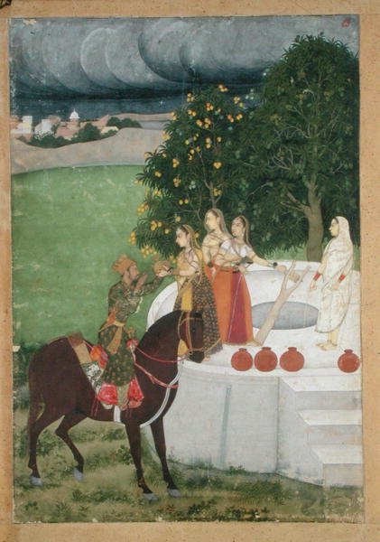 Książę na koniu otrzymujący wodę od kobiet przy studni, miniatura z Murshidabadu, ok. 1760 (gwasz na papierze) autorstwa Indian School
