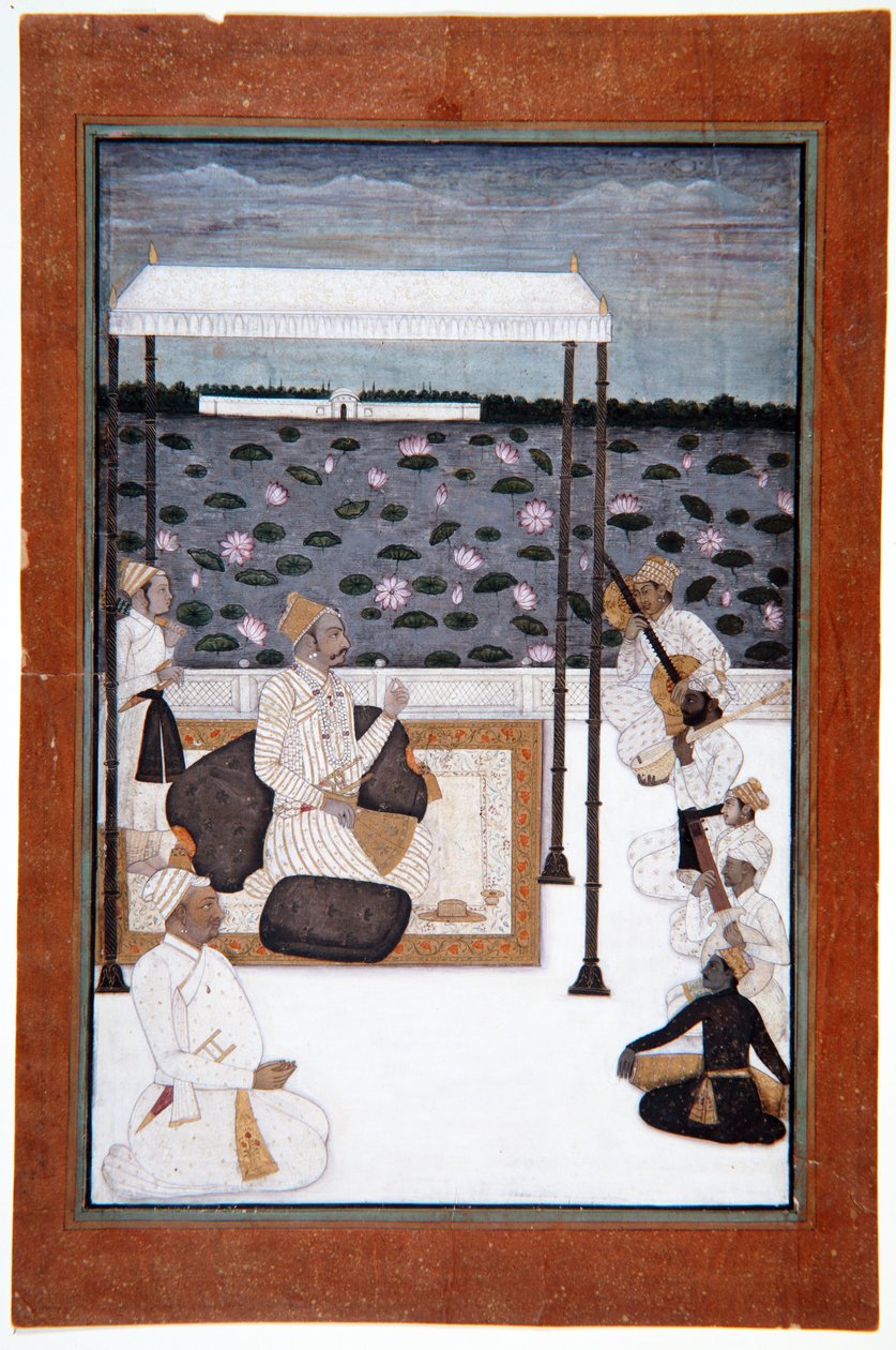 Szlachcic słucha muzyki pod baldachimem na tarasie nad jeziorem, ok. 1680 r. (wc nieprzezroczyste i złoto na papierze) autorstwa Indian School