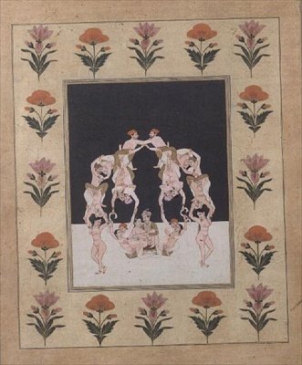 Para kochanków siedząca na huśtawce złożona z innych splecionych kochanków, ok. 1830 (gwasz na papierze) autorstwa Indian School