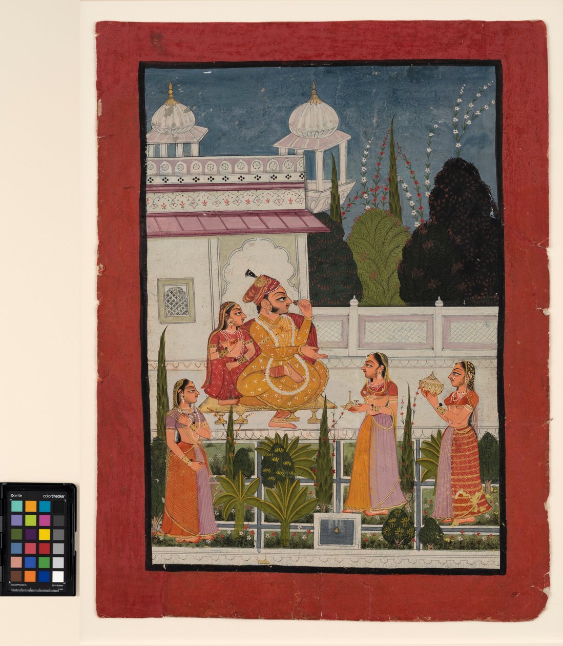 Raja na tarasie ze swoim rani, w towarzystwie trzech kobiet, koniec XVIII wieku (nieprzezroczysta akwarela na papierze) autorstwa Indian School