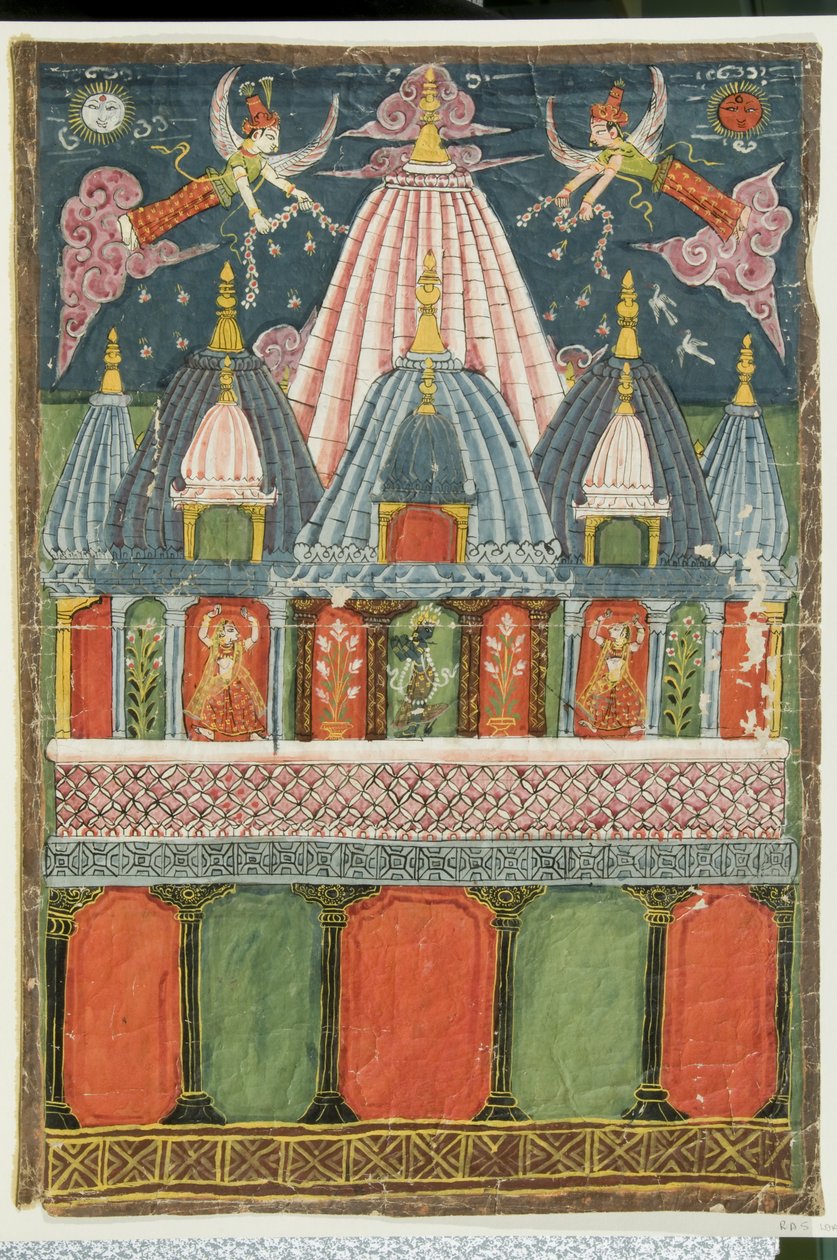 Świątynia zawierająca obraz Venu-gopala-krishna z dwoma tańczącymi dziewczynami występującymi dla bóstwa, 1823 autorstwa Indian School