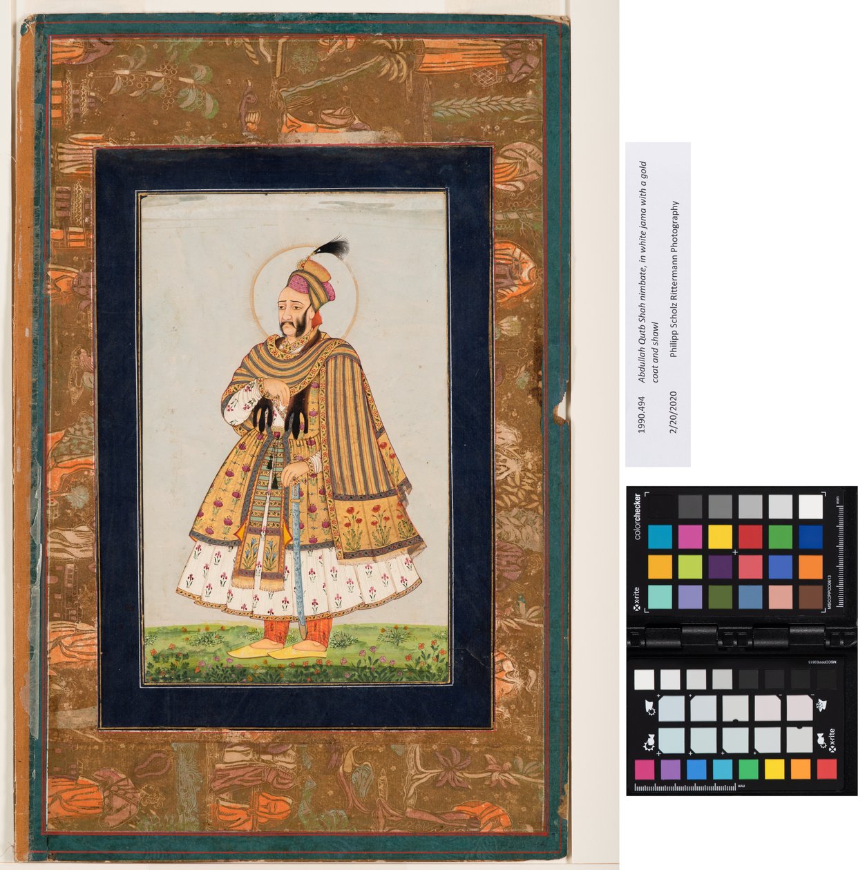Abdullah Qutb Shah nimbate, w białej jamie ze złotym płaszczem i szalem, ok. 1680 (nieprzezroczysta akwarela i złoto na papierze) autorstwa Indian School