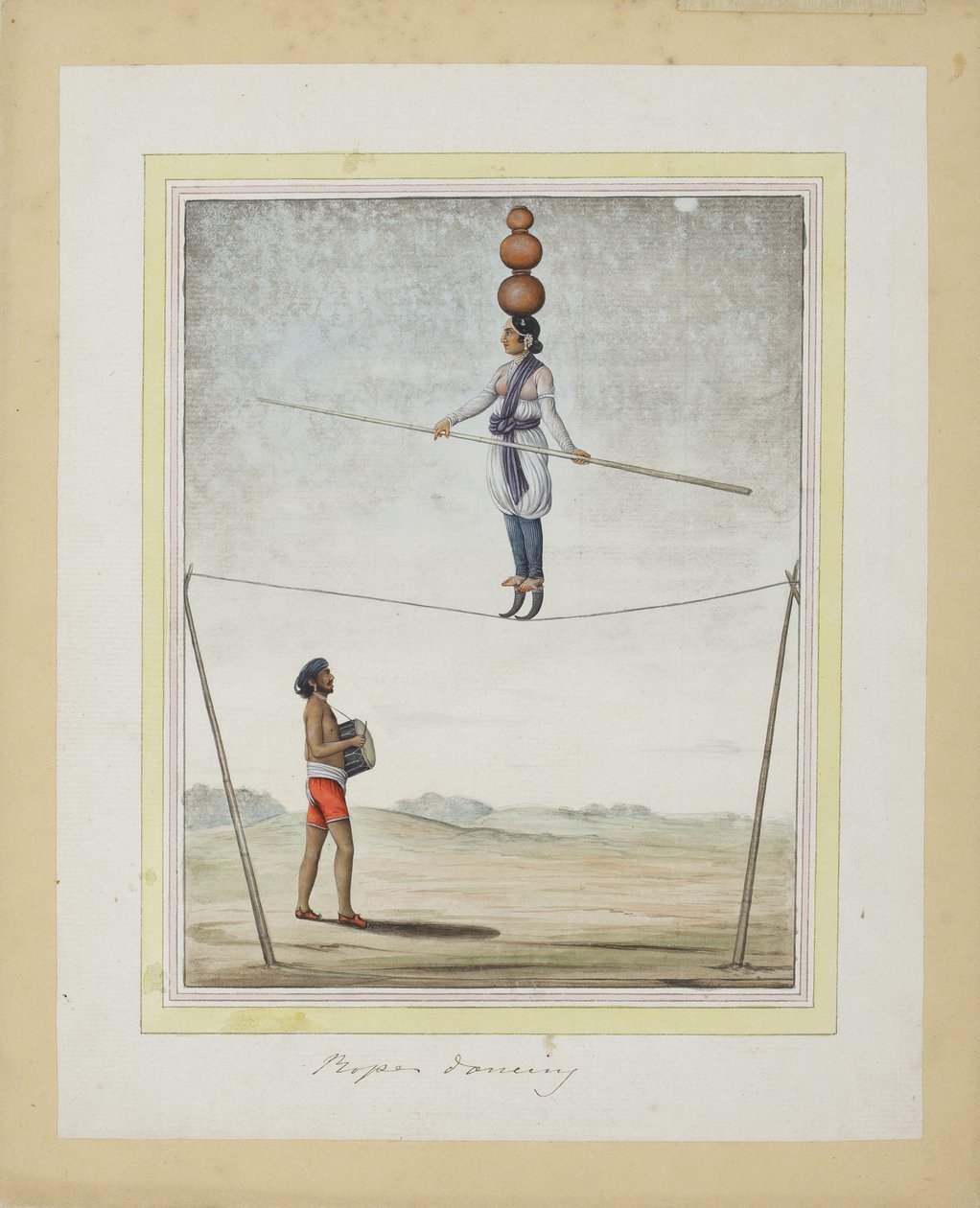 Akrobata na linie, poniżej perkusista, ok.1820 (nieprzezroczyste wc na papierze) autorstwa Indian School