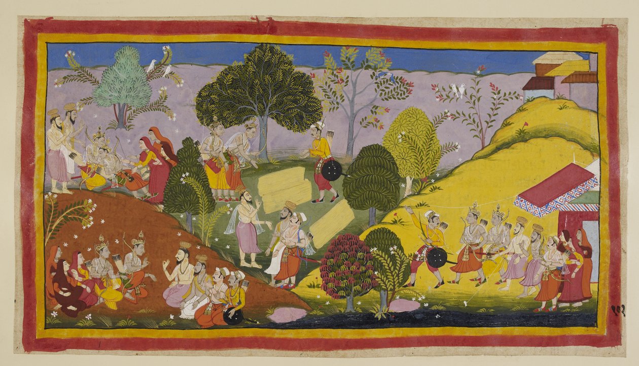 Dodaj 15296 (1) f.101r, Po lewej Bharata, w skrajnym niebezpieczeństwie, mdleje po usłyszeniu Guha