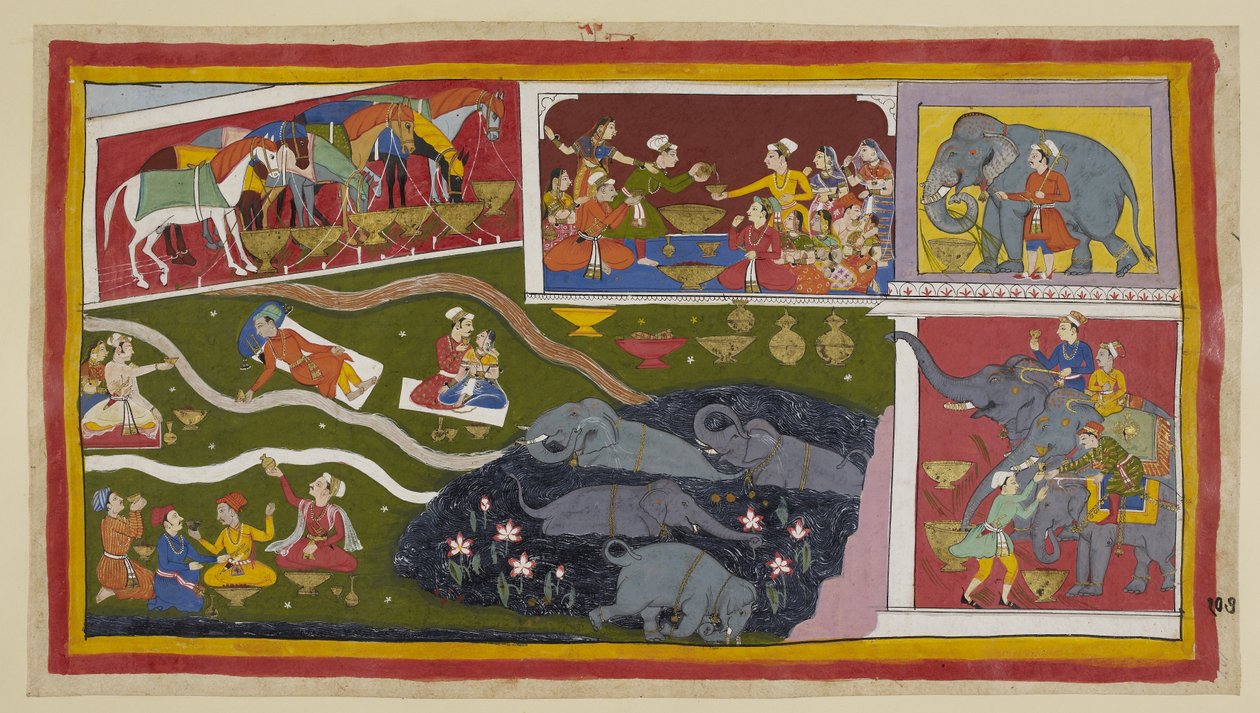 Dodaj 15296 (1) f.107r, Konie, słonie i żołnierze również cieszą się gościnnością Bharadvaji. Konie, przykute i spętane, jedzą z wielkich złotych naczyń; podobnie słonie, przedstawione tutaj z trzciną cukrową. Słonie kąpią się w jeziorze lotosu autorstwa Indian School