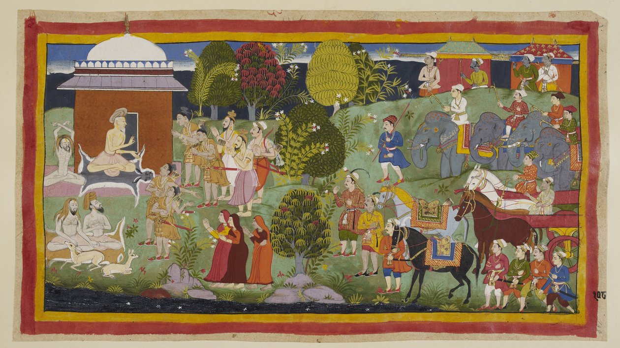 Dodaj 15296 (1) f.108r, Bharadvaja, siedzący na zewnątrz swojej chaty z innymi ascetami i jeleniami, pyta książąt, czy cieszyli się jego gościnnością. Mówi im i ich towarzyszom, że Rama mieszka w Citrakucie. Na jego prośbę książęta intr autorstwa Indian School
