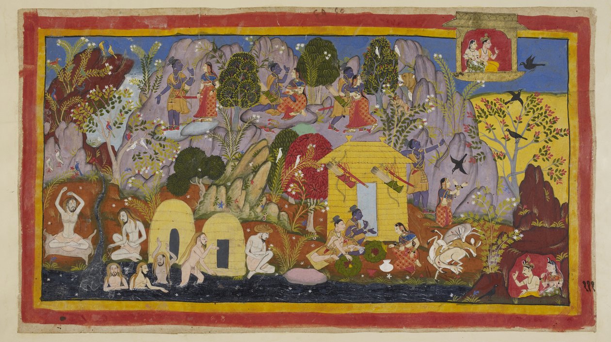 Dodaj 15296 (1) f.111r, Tymczasem wszystko jest w pokoju z wygnańcami w ich siedzibie na górze Citrakuta. Rama zwraca uwagę na jej piękno Sita - wiele odmian pięknych drzew i ptaków, skały pokolorowane klejnotami i minerałami oraz rzeka Mandakina w autorstwa Indian School