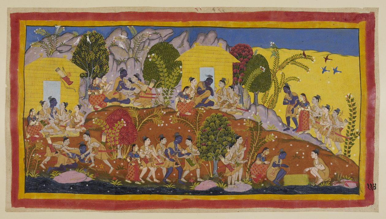 Dodaj 15296 (1) f.114r, U góry pośrodku Bharata i Shatrughna rzucają się do stóp Ramy, który obejmuje swoich młodszych braci i wącha głowy Sitaeir. Rama bierze ich na kolana, pytając o dobro ich i ich ojca, i h autorstwa Indian School