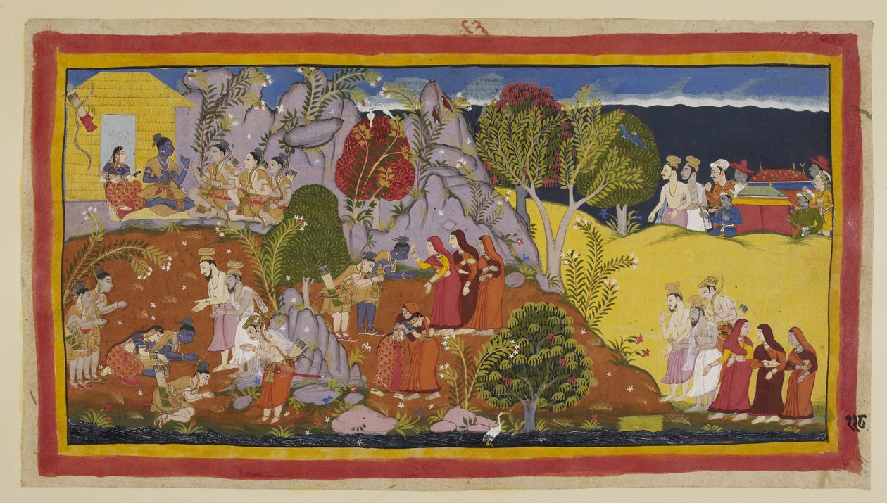 Dodaj 15296 (1) f.118r, Nadchodzą braminy i królowe w swoich miotach. Kausalyah wskazuje miejsce nad rzeką, gdzie Rama ofiarowała rytualną wodę i ubolewa nad żałosną jakością pindas, ofiarowanych jej zmarłemu mężowi. Trzech wygnańców autorstwa Indian School