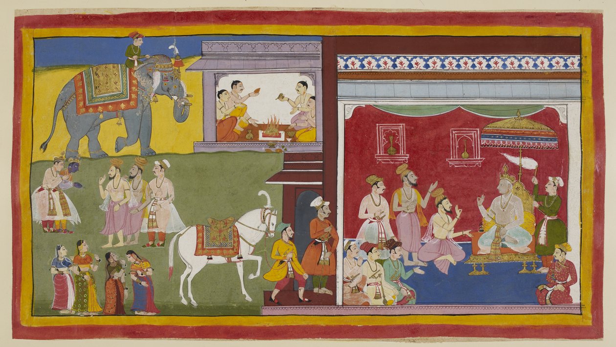 Dodaj 15296 (1) f.11r, Dasaratha, intronizowany w Durbar, mówi braminom Vasistha i Vamadeva oraz jego minister Sumantrze o swoim zamiarze zrzeczenia się tronu Ramie jako regentowi; po lewej ci trzej wzywają Ramę i Laksmanę. Powyżej zaczyna się czterech br autorstwa Indian School