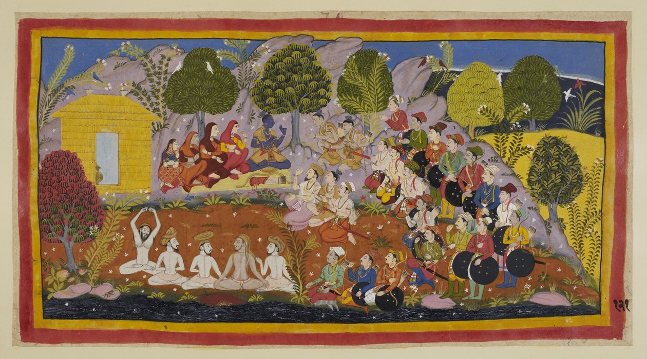 Dodaj 15296 (1) f.121r, Rama siedzi na macie twarzą do dwóch braci, z trzema królowymi i Sitą po jego prawej stronie. Bharata nadal namawia Ramę do powrotu do Ajodhjaju w celu ukoronowania, argumentując, że ich ojciec zgrzeszył przeciwko niemu z obawy prze autorstwa Indian School