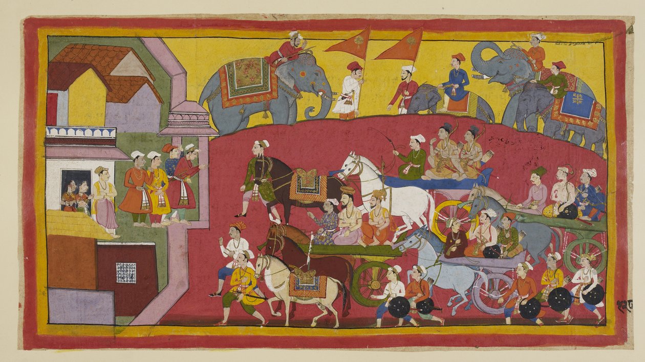 Dodaj 15296 (1) f.128r, Rydwany Vasisthy i książąt, w towarzystwie różnych ministrów i ludzi, wjeżdżają do miasta Nandigrama. autorstwa Indian School